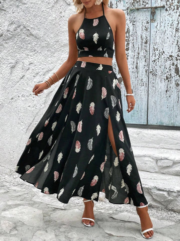 Feather Print Tie Backless Halter Top & Split Thigh Skirt