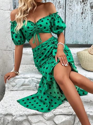 Polka Dot Off Shoulder Drawstring Front Crop Top & Ruffle Hem Skirt