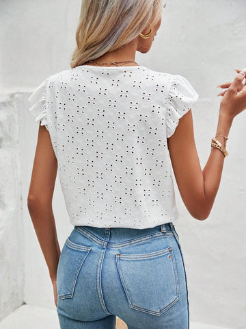 Eyelet Embroidery Butterfly Sleeve Button Front Tee