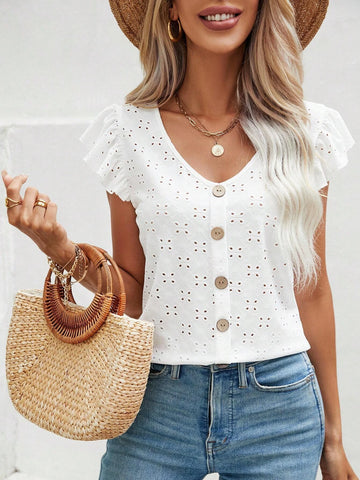 Eyelet Embroidery Butterfly Sleeve Button Front Tee