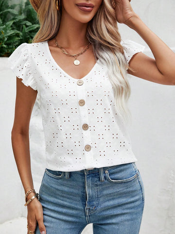 Eyelet Embroidery Butterfly Sleeve Button Front Tee