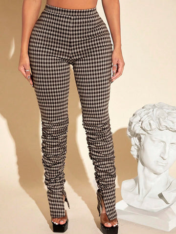 SXY Gingham Print Ruched Split Hem Stacked Pants