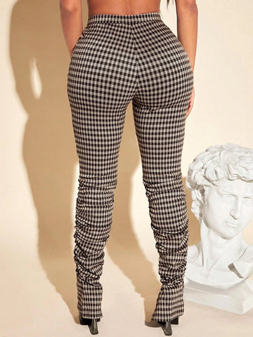 SXY Gingham Print Ruched Split Hem Stacked Pants