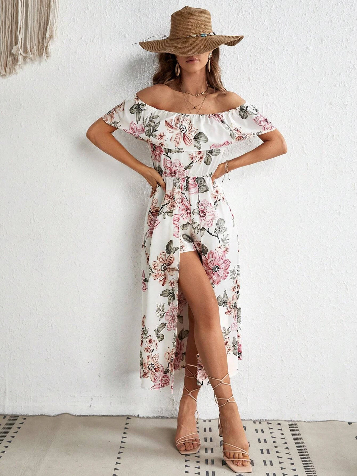 Floral Print Off Shoulder Ruffle Trim Romper