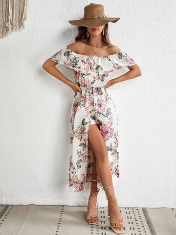 Floral Print Off Shoulder Ruffle Trim Romper