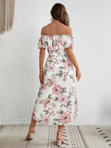 Floral Print Off Shoulder Ruffle Trim Romper
