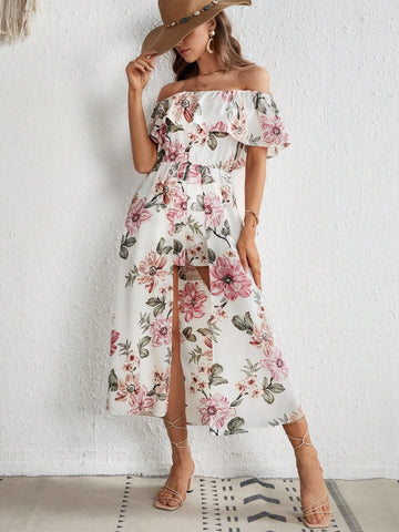 Floral Print Off Shoulder Ruffle Trim Romper