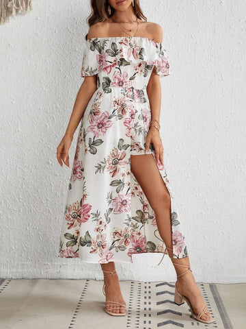 Floral Print Off Shoulder Ruffle Trim Romper