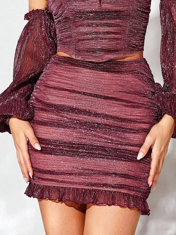 BAE Ruched Ruffle Hem Glitter Mesh Overlay Bodycon Skirt