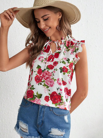 VCAY Floral Print Tie Neck Ruffle Trim Blouse