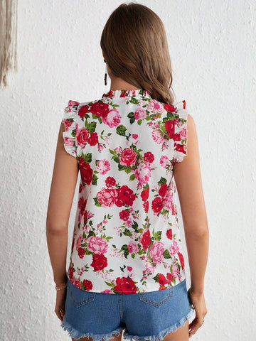 VCAY Floral Print Tie Neck Ruffle Trim Blouse