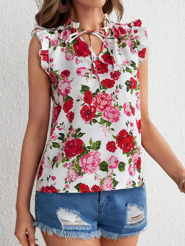 VCAY Floral Print Tie Neck Ruffle Trim Blouse