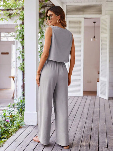 Button Front Blouse & Wide Leg Pants