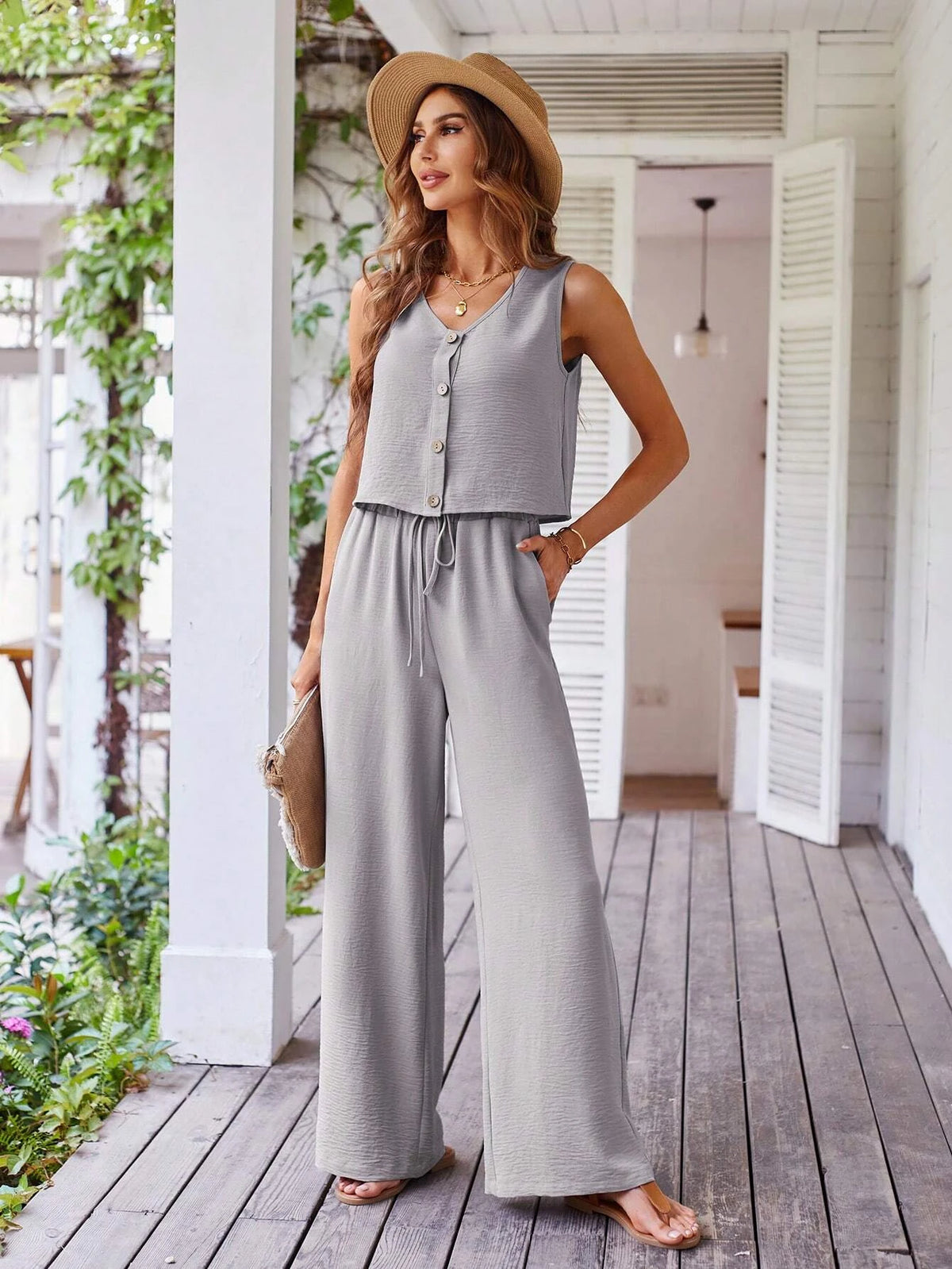 Button Front Blouse & Wide Leg Pants