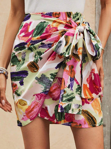 EMERY ROSE Graphic Print Knot Side Wrap Hem Skirt