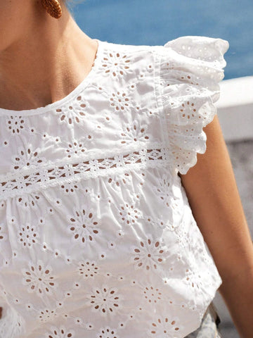 VCAY Eyelet Embroidery Ruffle Trim Schiffy Top