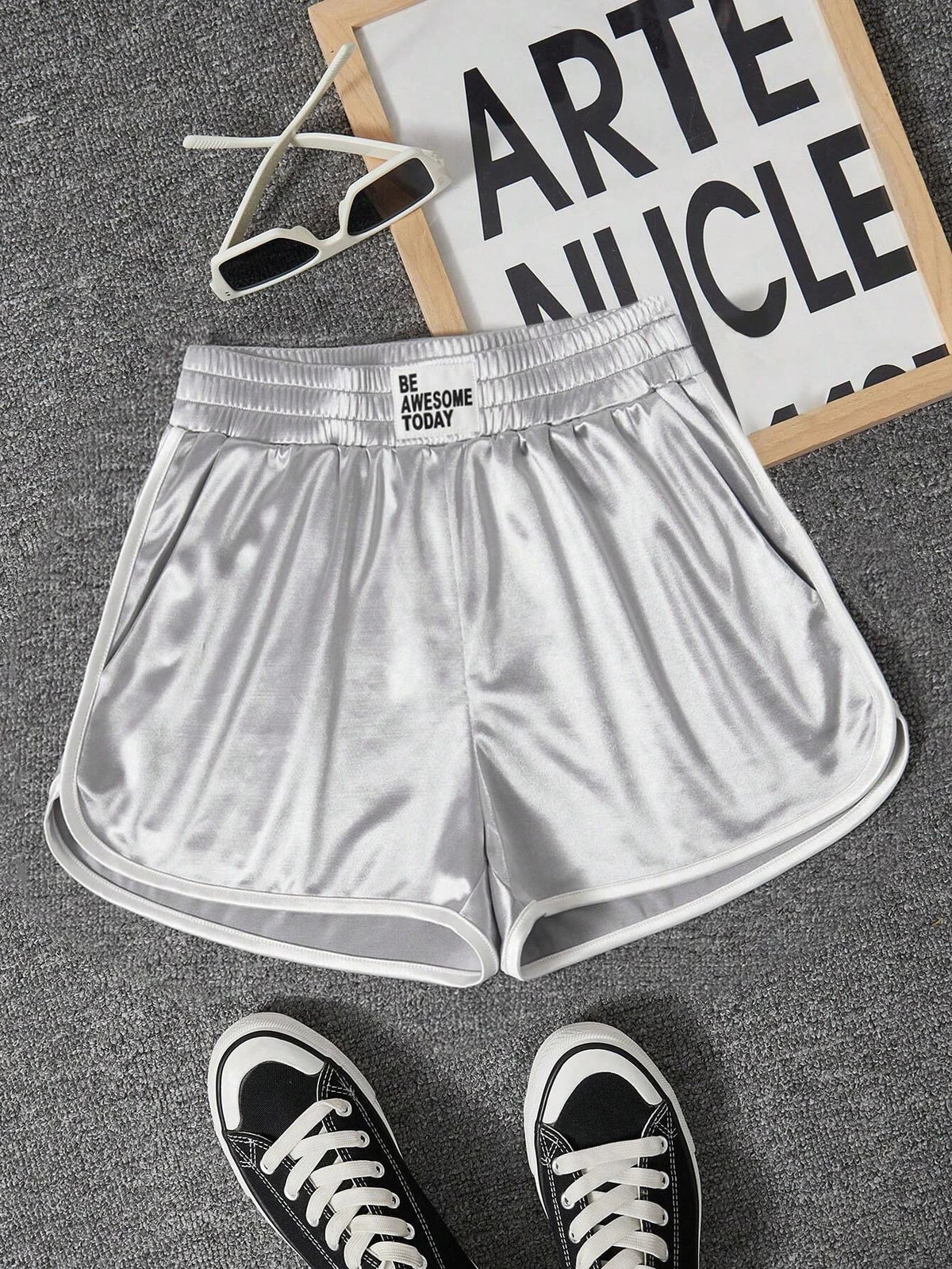 EZwear Letter Patched Detail Contrast Binding Metallic Track Shorts