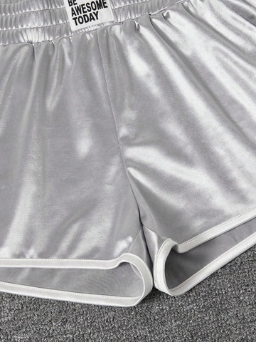 EZwear Letter Patched Detail Contrast Binding Metallic Track Shorts