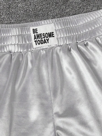 EZwear Letter Patched Detail Contrast Binding Metallic Track Shorts