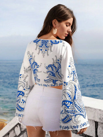 VCAY Paisley Print Tie Front Crop Top