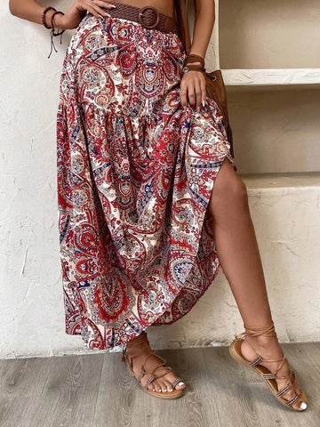 EMERY ROSE Paisley Print Ruffle Hem Skirt Without Belt