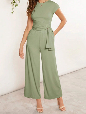 EMERY ROSE Solid Tee & Tie Front Wide Leg Pants