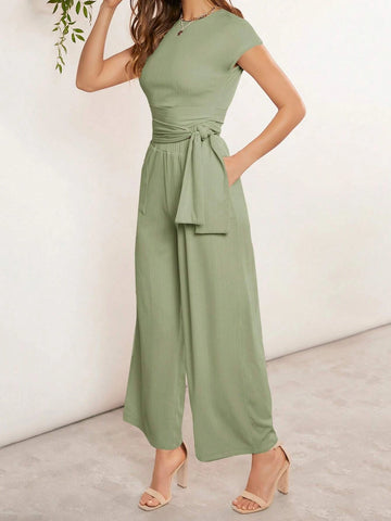 EMERY ROSE Solid Tee & Tie Front Wide Leg Pants