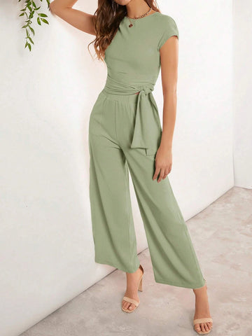 EMERY ROSE Solid Tee & Tie Front Wide Leg Pants