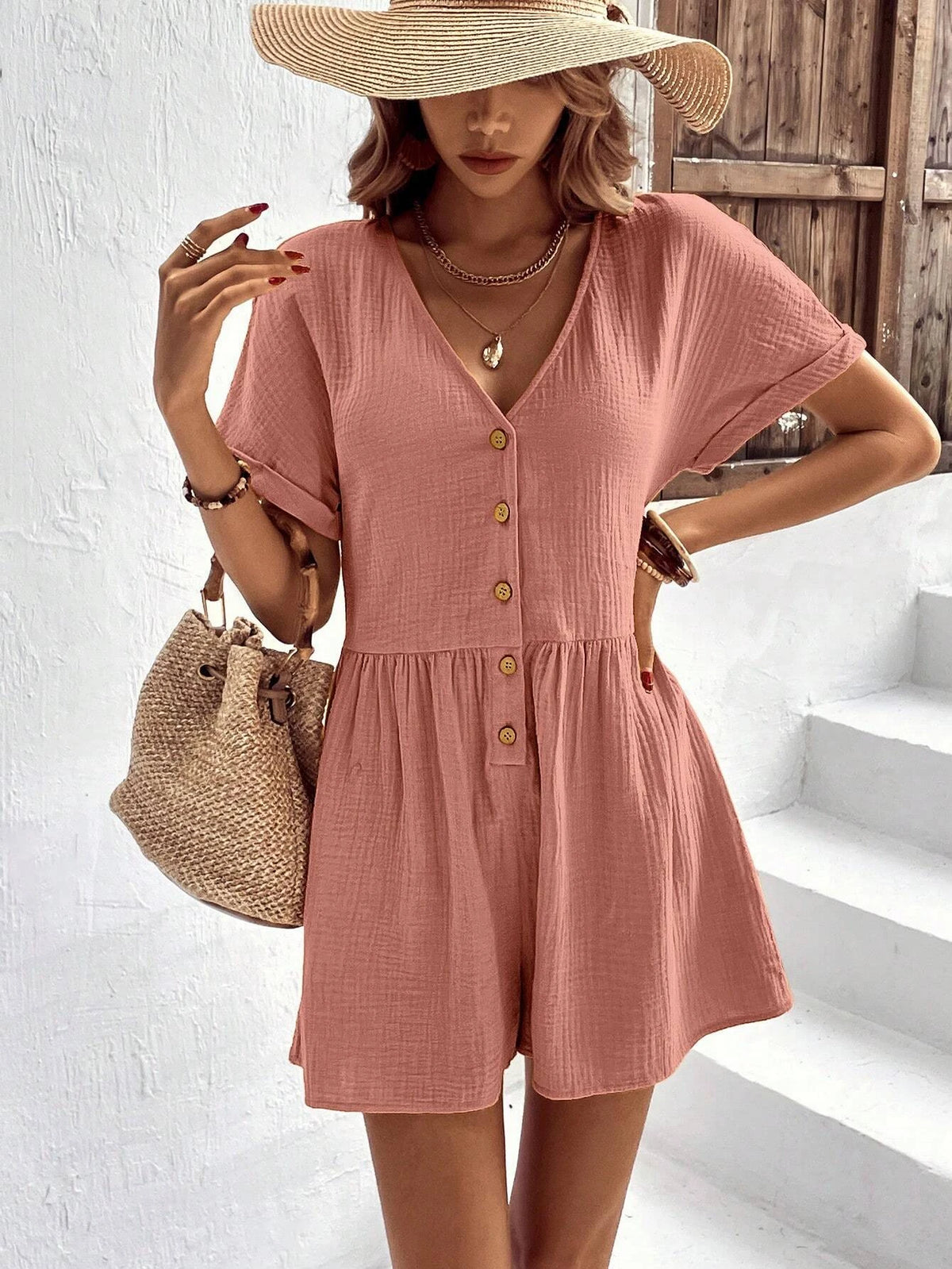 EMERY ROSE Batwing Sleeve Button Front Romper