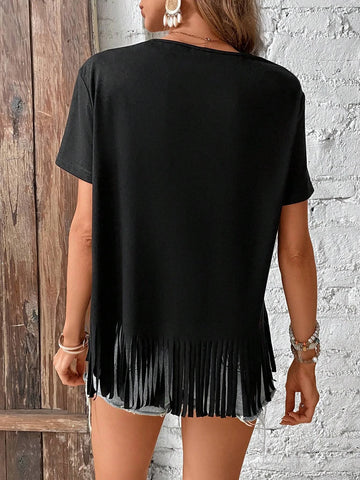 EMERY ROSE Fringe Hem Solid Tee