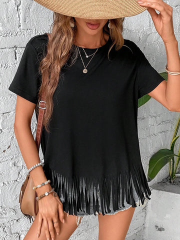EMERY ROSE Fringe Hem Solid Tee