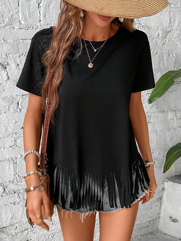 EMERY ROSE Fringe Hem Solid Tee