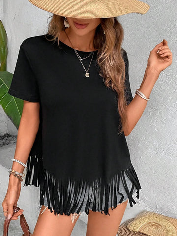 EMERY ROSE Fringe Hem Solid Tee