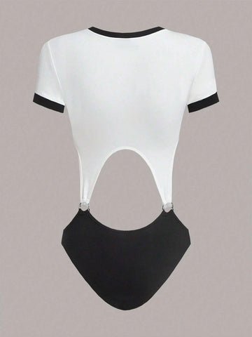 Slogan Graphic Ring Linked Cut Out Contrast Binding Bodysuit