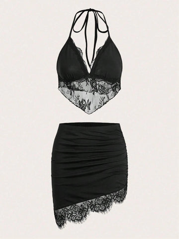 Contrast Lace Halter Top & Bodycon Skirt