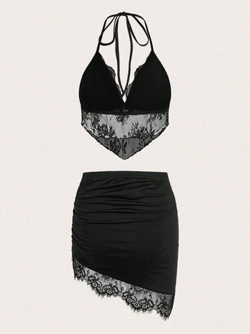 Contrast Lace Halter Top & Bodycon Skirt