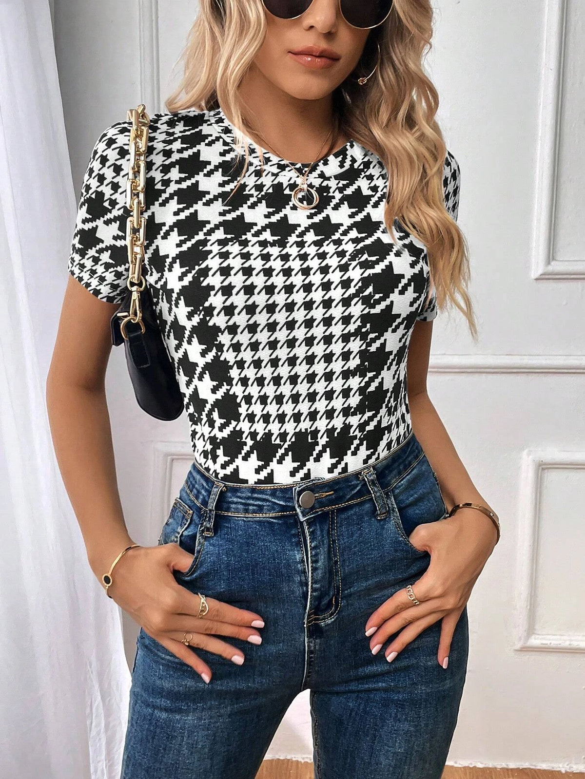 Unity Houndstooth Print Round Neck Tee