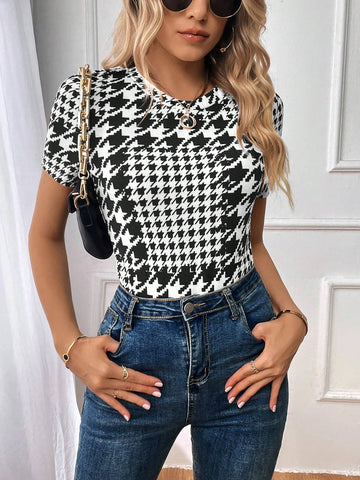 Unity Houndstooth Print Round Neck Tee