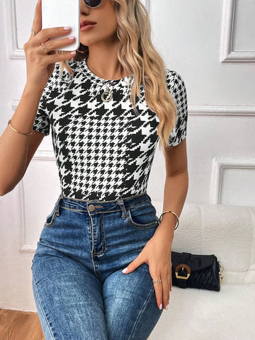 Unity Houndstooth Print Round Neck Tee