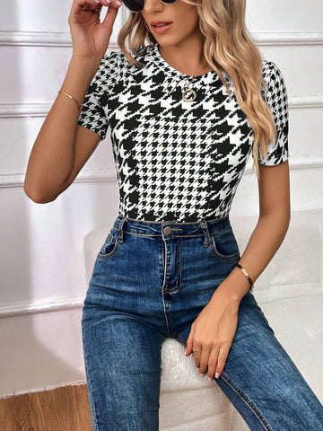 Unity Houndstooth Print Round Neck Tee