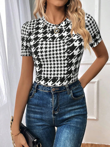 Unity Houndstooth Print Round Neck Tee