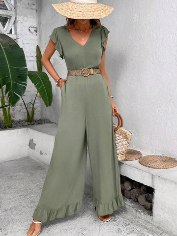 EMERY ROSE Ruffle Trim Wide Leg Jumpsuit Without Belt