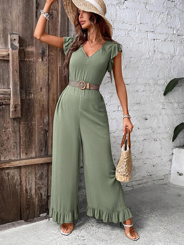 EMERY ROSE Ruffle Trim Wide Leg Jumpsuit Without Belt