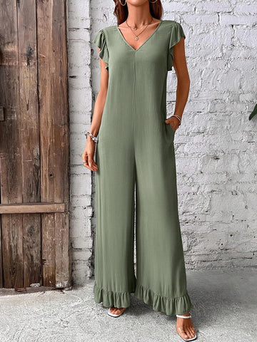 EMERY ROSE Ruffle Trim Wide Leg Jumpsuit Without Belt