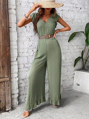 EMERY ROSE Ruffle Trim Wide Leg Jumpsuit Without Belt