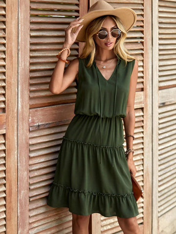 EMERY ROSE Tie Neck Ruffle Hem Dress
