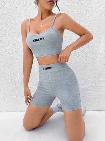 Letter Graphic Crop Cami Top & Biker Shorts