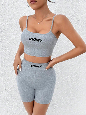Letter Graphic Crop Cami Top & Biker Shorts