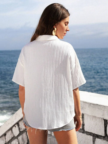 VCAY Solid Drop Shoulder Button Front Shirt