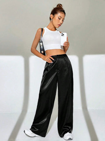 EZwear High Waist Wide Leg Satin Pants